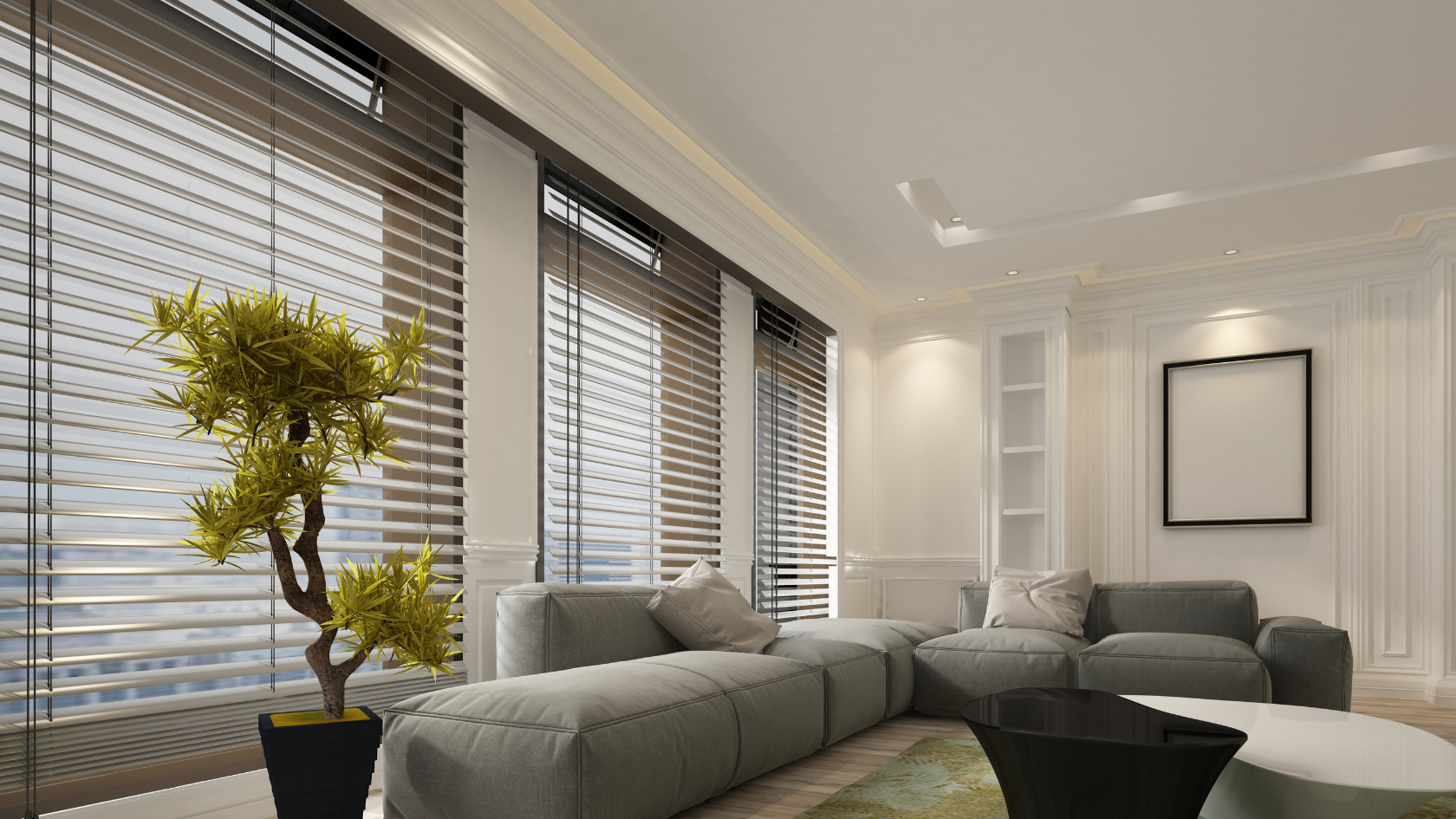 A living room with a couch, chair, table and a potted plant